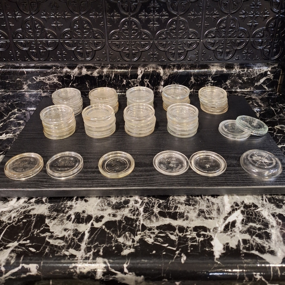 50+ Antique Glass Jar Lids For Canning Mason Jars , Crown, Ball, Improved Gem,